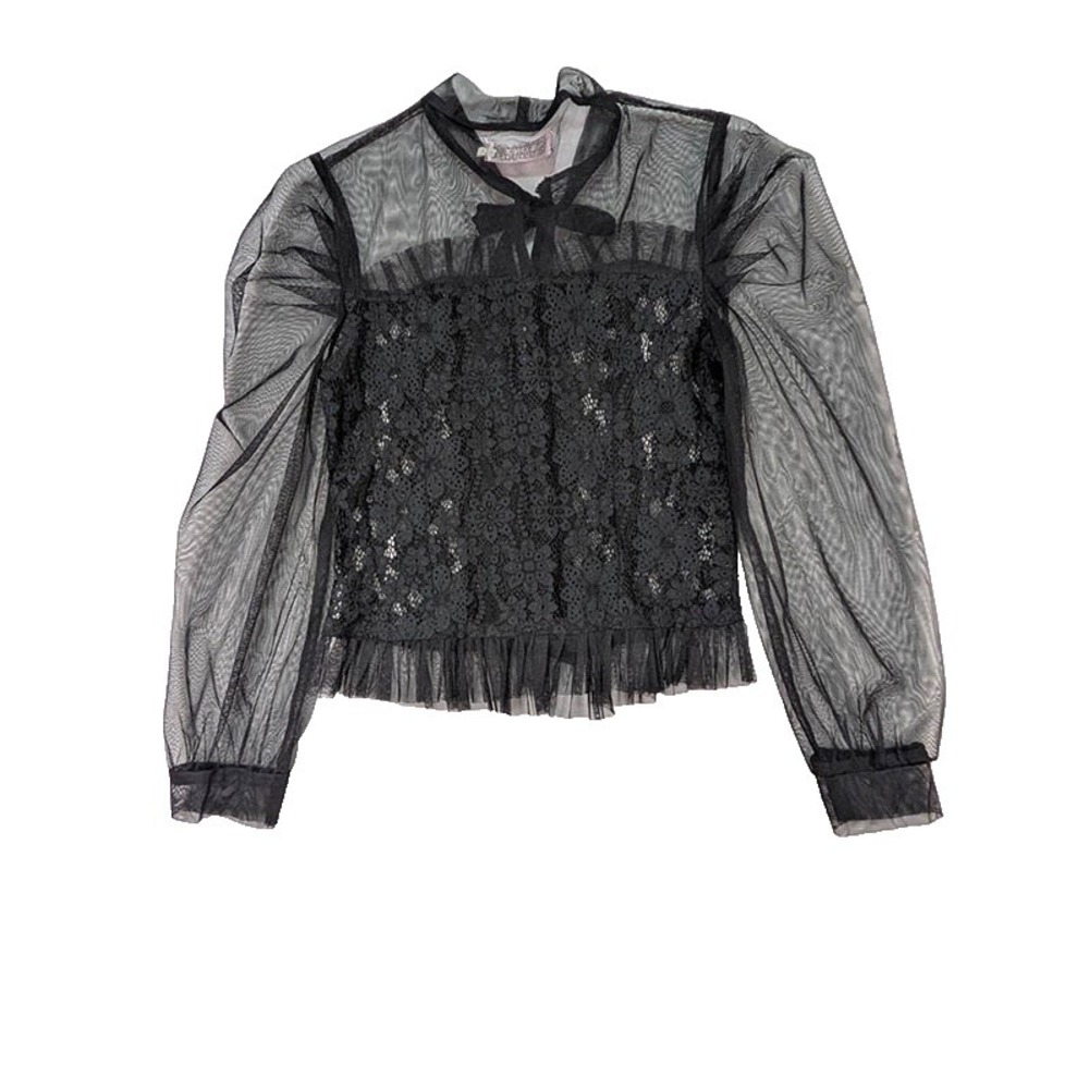 Lace Sheer Top Womens M Black Coquette Whimsigoth Fairy Lolita Goth Steampunk - Picture 2 of 12